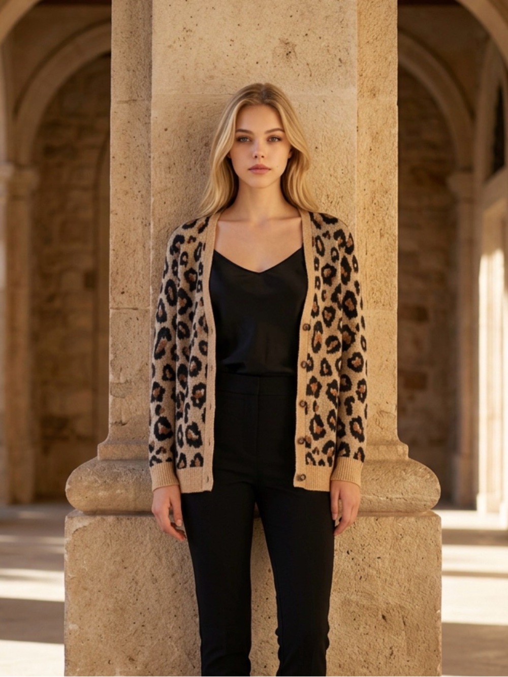 Beige Leopard Print Button-Front Cardigan Sweater